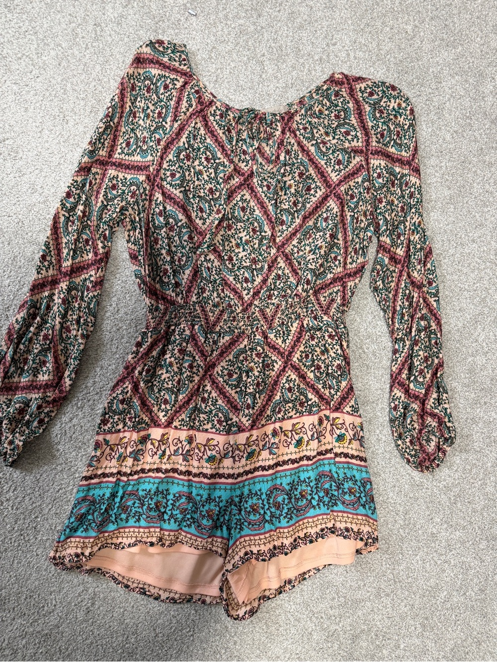 Wonderly Floral Paisley Print Long-Sleeve Camisole Romper in Teal, Peach & Cream